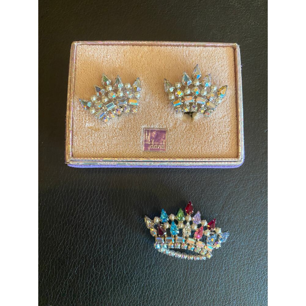 vintage brooch and earrings, mid century jewelry, vintage rhinestone set, crown